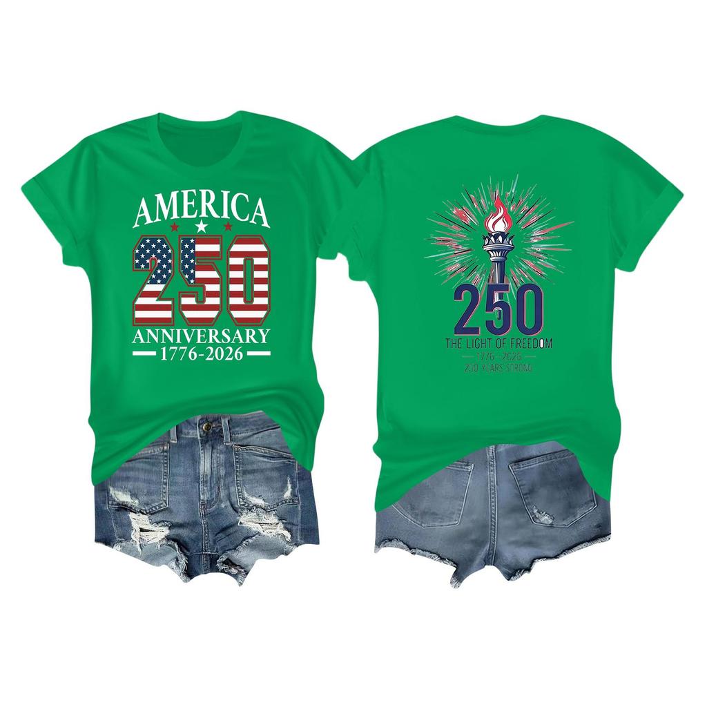 Women's Casual Independence Day 250 Anniversary Printed T-shirt Round Neck Pullover Short Sleeve Top