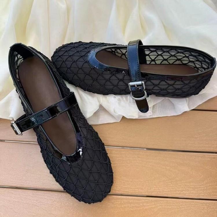 Schafsleder-Version~ Französisches Netz ausgehöhlte Sandalen atmungsaktive flache Mary Jane Schuhe mit flachem Ausschnitt Damen Einzelschuhe Sommer Fischernetzschuhe