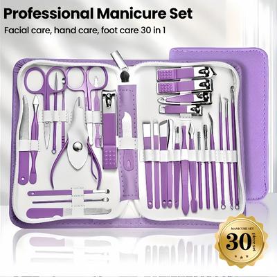Professional Nail Care Kit - Stainless Steel Manicure and Pedicure Tools, Portable Purple Travel Organizer, Essential Manicurist Supplies