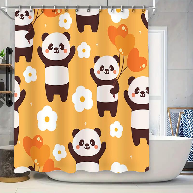 

Adorable Panda Family Shower Curtain Decor Set For Bathroom Flower Heart Print In Yellow Color With White Flowers Polyester Fabr W60H190(CM)-1 Pcs