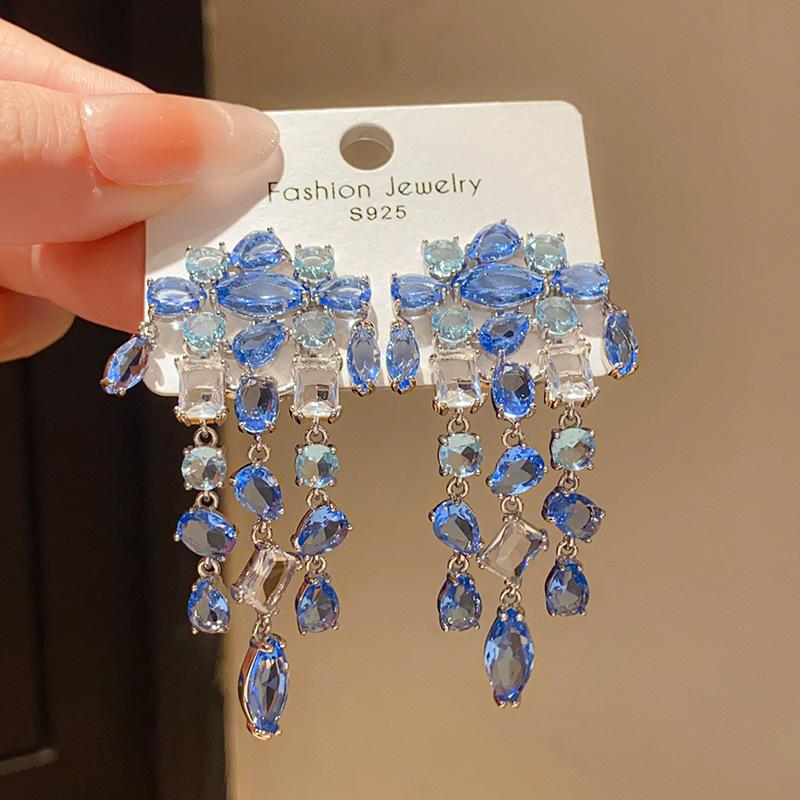 Retro Silver Needle Zircon Glass Water Drop Earrings Court Temperament Stud Earrings Personality Trend Versatile Earrings Women