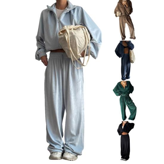 Two Piece Tracksuit Set for Women Cropped Zip Up Sweatshirt And Wide Leg Sweatpants Sets Spring Casual Sweatsuit Lounge Set