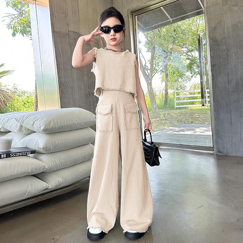 Teen Girl Jeans Fille Ensemble Design Round Neck Vest+Wide Leg Pants 2pc Junior Kid Rough Edges Denim Clothes Suit Child Outfits