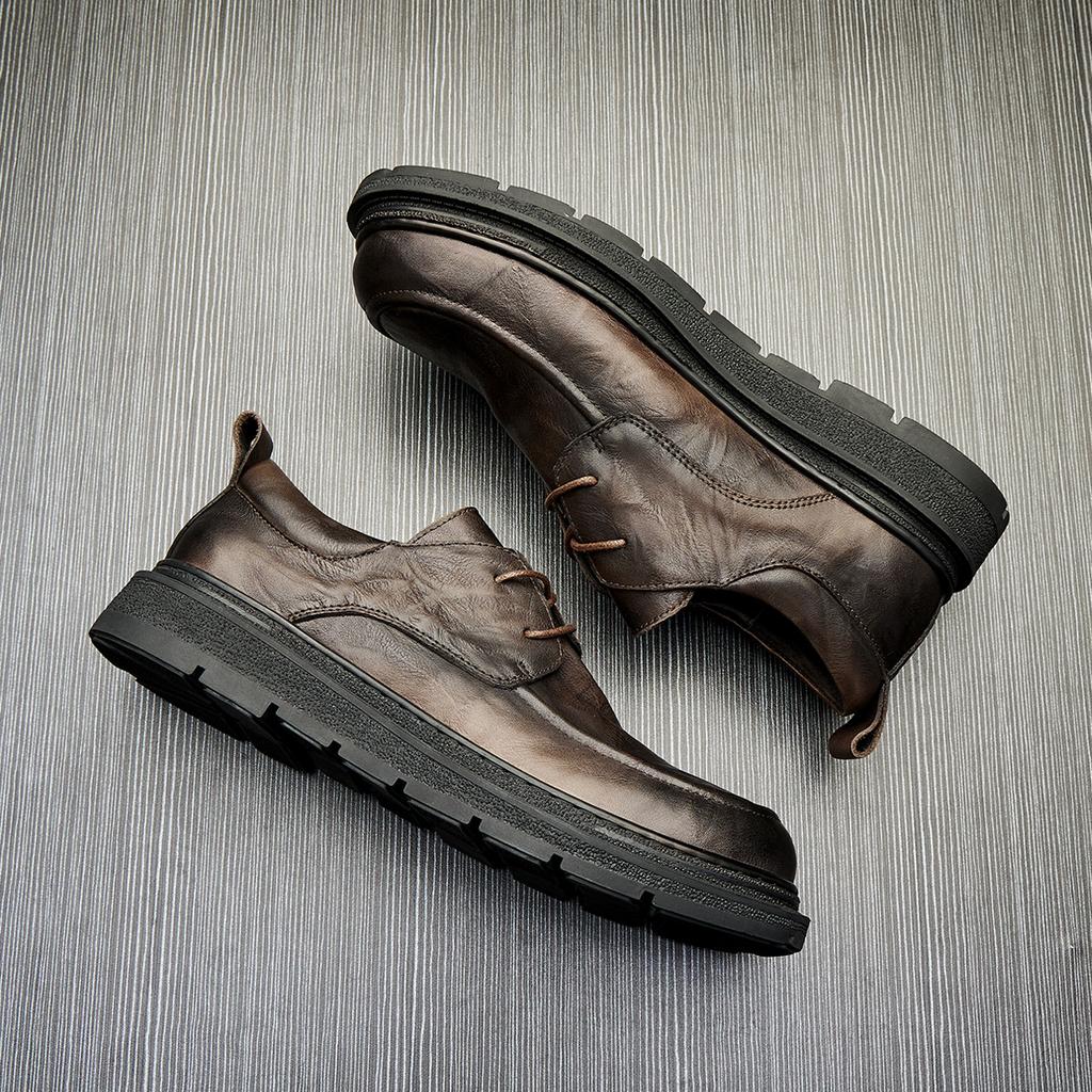 Casual Leather Shoes Men'S Genuine Leather British Style Thick-Soled Breathable Green Business Shoes Lace-Up Round Head Soft Sole Trendy Men'S Shoes