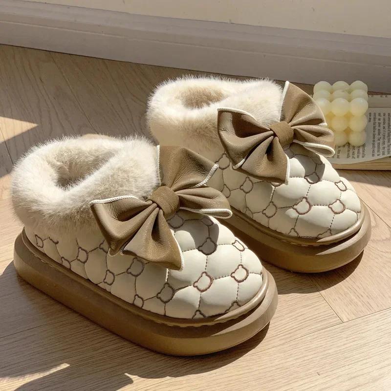 Winter Women Snow Boots Cute Bow Cotton Shoes Waterproof Down Ankle Boots Home Comfort Thick Soled Plush Boots Cotton Slippers
