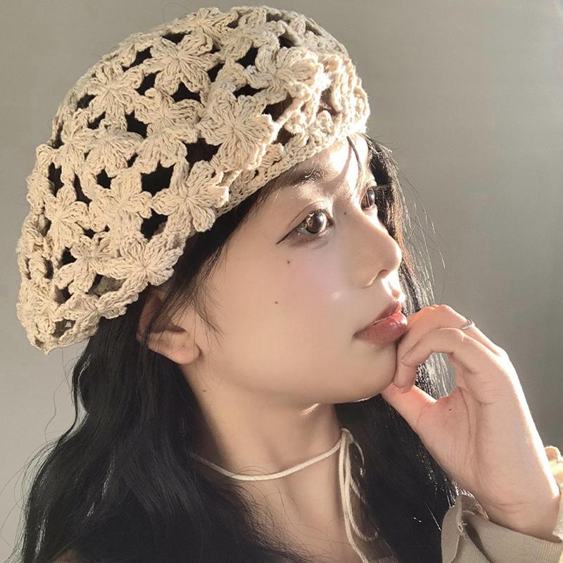 Summer Women'S Solid Color Flower Hollow Beret French Vintage Painter Hat