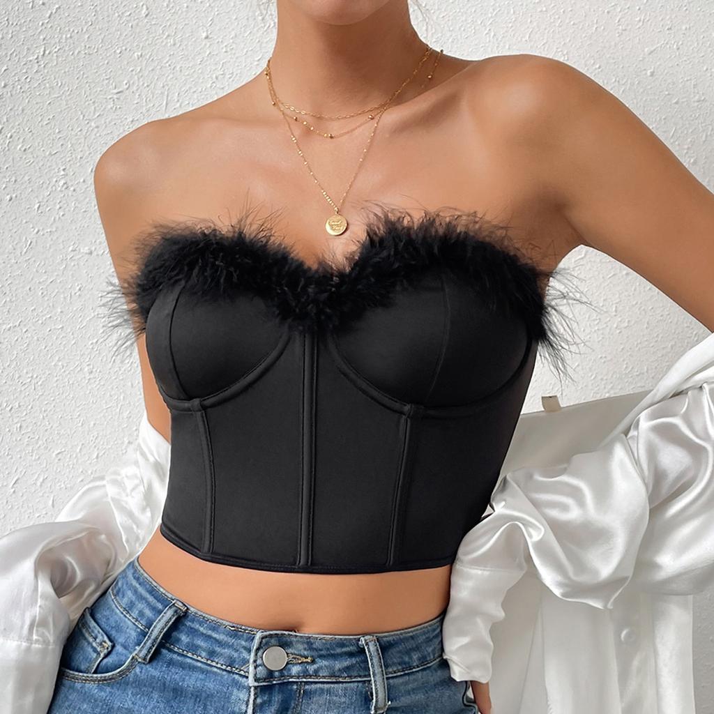Faux Fur Tank Top Off-shoulder Crop Tops Women Summer Strapless Steel Camis Fishbone Camisole Fashion Tube Female Sleeveless Cropped Vest Y2K Clothes