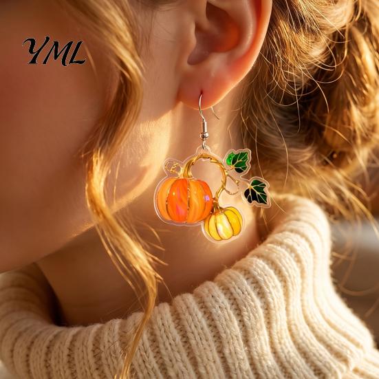 Decorative Fall Festival Earrings 1 Pair Pumpkin Acrylic Drop Earrings, 2D Harvest Dangle Colorful Jewelry for Women, Halloween Thanksgiving