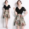 Summer Women V-neck Short Sleeve Vintage Jacquard Flower Lace Patchwork Party Dresses with Belt