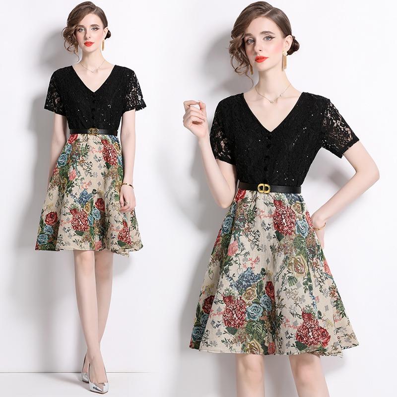 Summer Women V-neck Short Sleeve Vintage Jacquard Flower Lace Patchwork Party Dresses with Belt