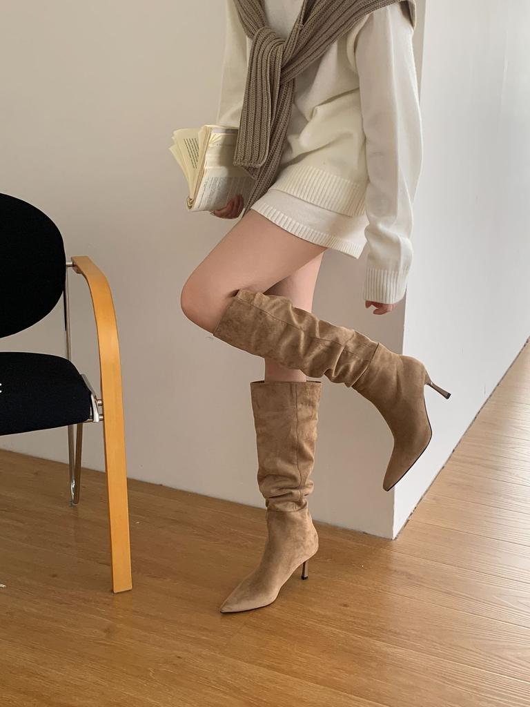 Pointed high-heeled over-the-knee boots women's 2025 new autumn French khaki fine-heeled pleated stacked boots knight boots