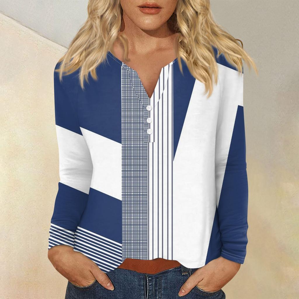 Women's Fashion Casual Printed V-neck Long Sleeve Button Up T-shirt Top