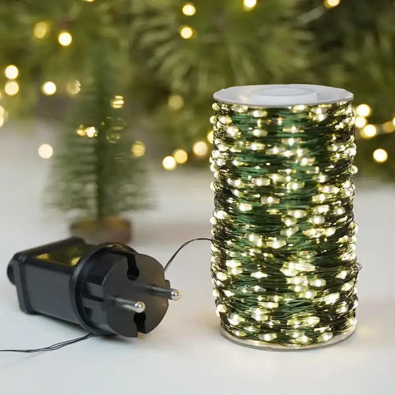 Green Copper Wire Christmas Tree String Lights - Outdoor Starry Sky Garland.
