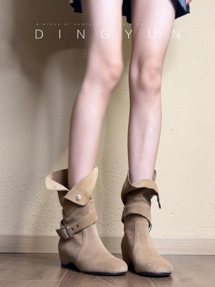 

Мягкая овчина~ нишевые ретро замшевые ковбойские сапоги в западном стиле женские с круглым носком и пряжкой-ремнем короткие сапоги на осень и зиму 40 хаки