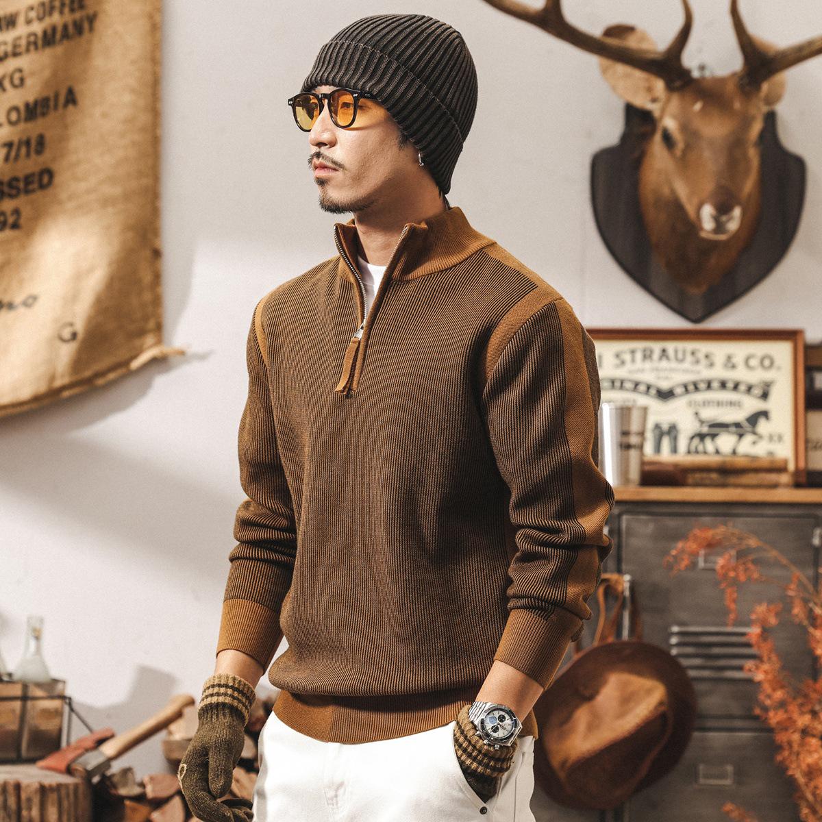 Men s Retro Color Block Half-High Collar Zipper Knit Sweater L for 125-145 lbs