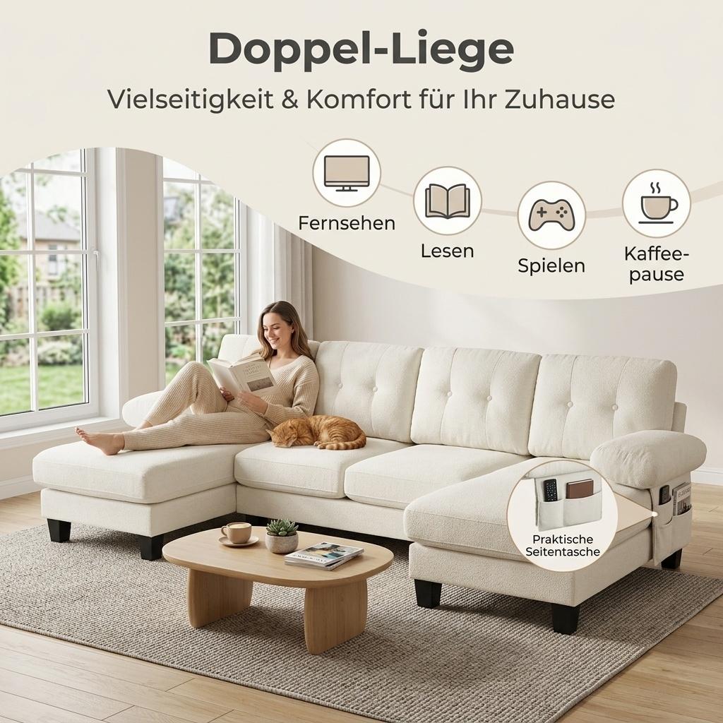 Divano Angolare a U a 4 Posti con Chaise Longue, Divano Moderno in Chenille, Divano Letto con Schienale Regolabile, Divano per Ospiti per Soggiorno e Ufficio, Beige