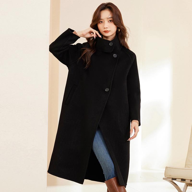 Women's Extra Long Stand Collar 100% Wool Coat - Double-Faced, Loose Fit, Fashionable Autumn/Winter Wear