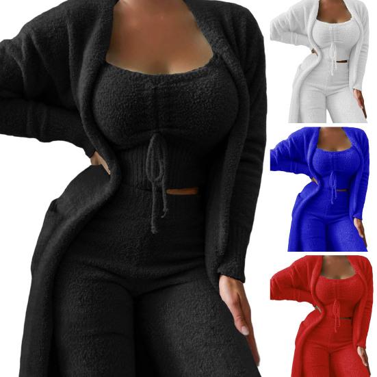 3-teiliges/Set Damen Pyjama Set Einfarbig Plüsch Kurze Oberteile Tiefer Ausschnitt Loungewear