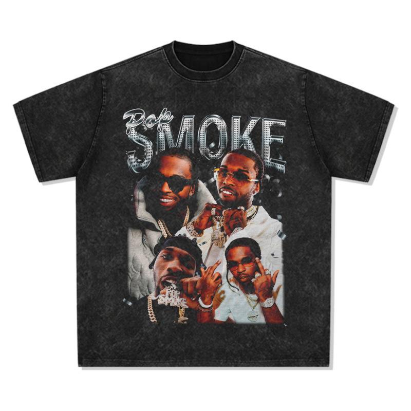 Vintage Hip Hop Pop Smoke Printed Short Sleeve T-Shirt Washed Casual Loose Heavy S