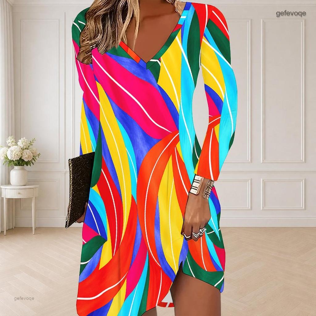 Women Plus Size V Neck Long Sleeve Blue White Printed Curved Hem Dress