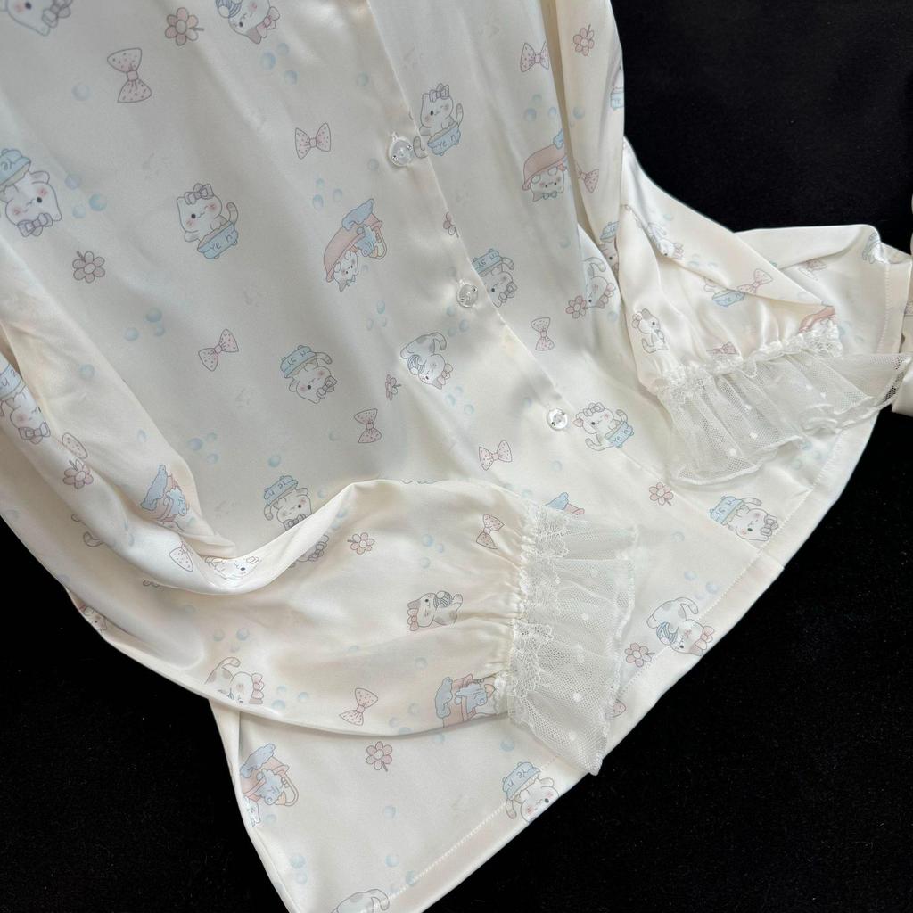 2026 Women's Ice Silk Floral Pajama Set: Long Sleeve Top, Long Pants, Lace Camisole with Bra Pads