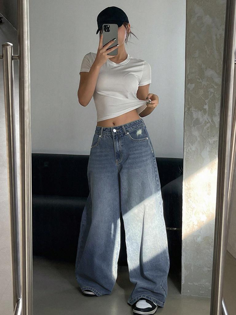 Washed Blue Wide Leg Extra Long Floor Jeans For Women, Loose Casual Pants