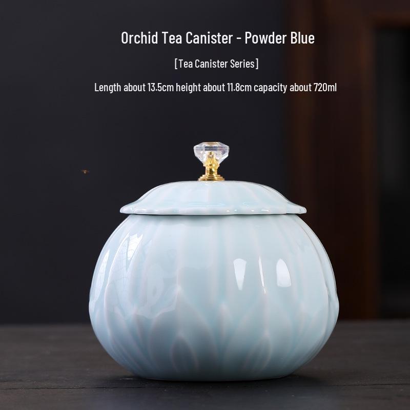 Celadon Ceramic Tea Canister: Large Half-Pound Capacity Storage for Green or Black Tea - Porcelain Sealing Jar with Printed Design.