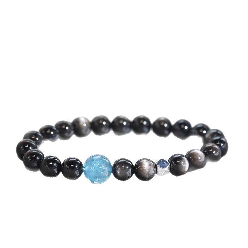 Natural obsidian cat's eye silver obsidian Brazilian devil blue aquamarine bracelet for men and women