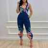 Square Collar Off Shoulder Ladies Jumpsuit Sleeveless Lace-up Pockets Flower Pattern Long Playsuits Overalls Streetwear