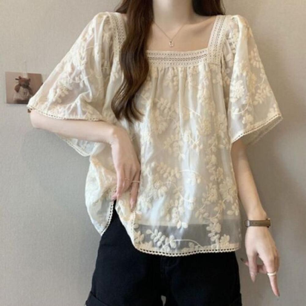 Navava Women Lovely Lace Square Neck Short Sleeve Blouse Nb2693