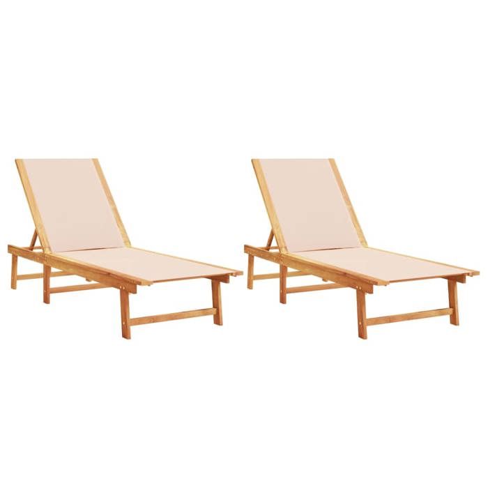 VidaXL Chaises longues lot de 2 crème bois acacia solide et textilène, lit de soleil, lit de repos, chaise longue 3279248