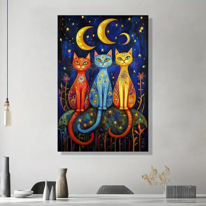 Colorful Cat Art Canvas for Living Room or Bedroom Wall