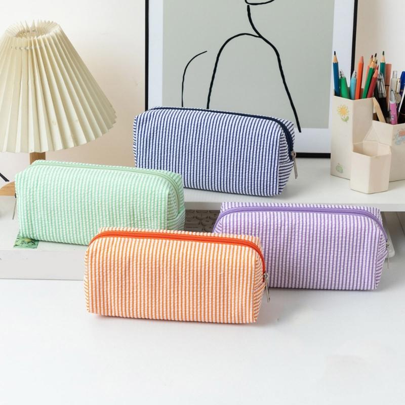 Multiunction Striped Pencil Case Water Resistant Polyester Pen Pouches Travel Cosmetics Bag For School Office Supplies