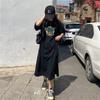 Cotton Summer New Korean Loose Letter Printing Student Slit Short Sleeve Mid-length Dress for Women