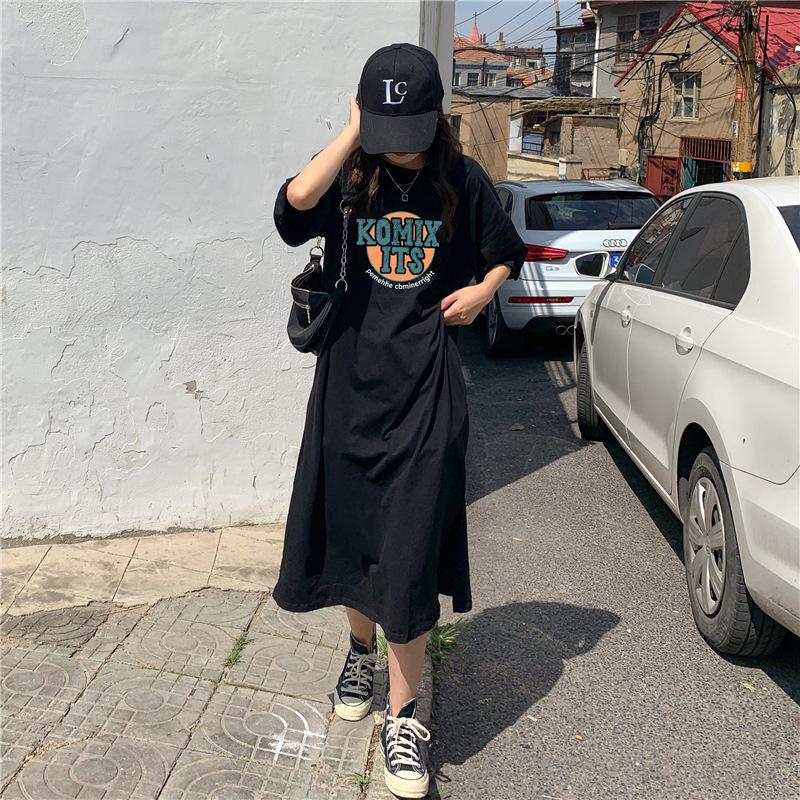 Cotton Summer New Korean Loose Letter Printing Student Slit Short Sleeve Mid-length Dress for Women