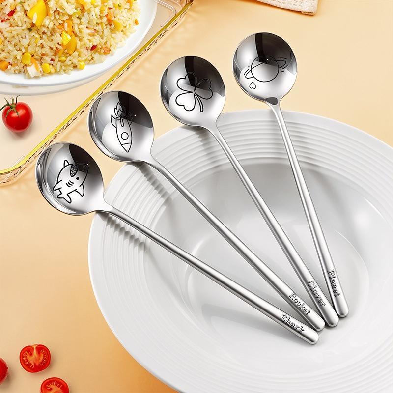 Cartoon 304 Stainless Steel Round Head Large Spoon Food Grade Flat Bottom Deep Soup Spoon Home Use Rice Spoon For Children