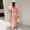 Johnature French Vintage Balloon Sleeve Crew Neck Dress Women Summer Korean Loose Casual Dresses