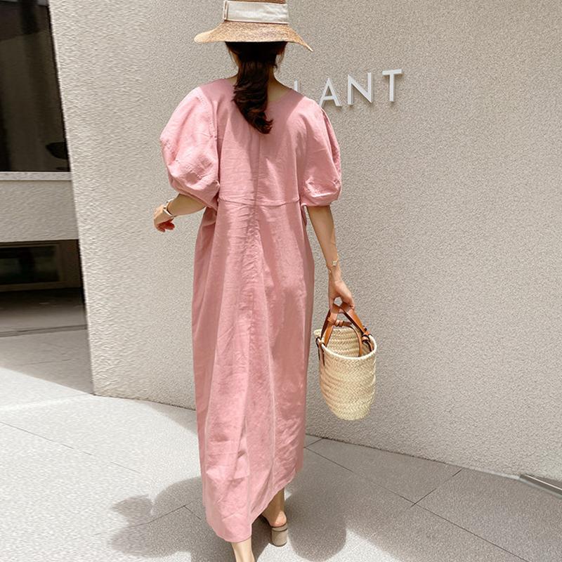 Johnature French Vintage Balloon Sleeve Crew Neck Dress Women Summer Korean Loose Casual Dresses
