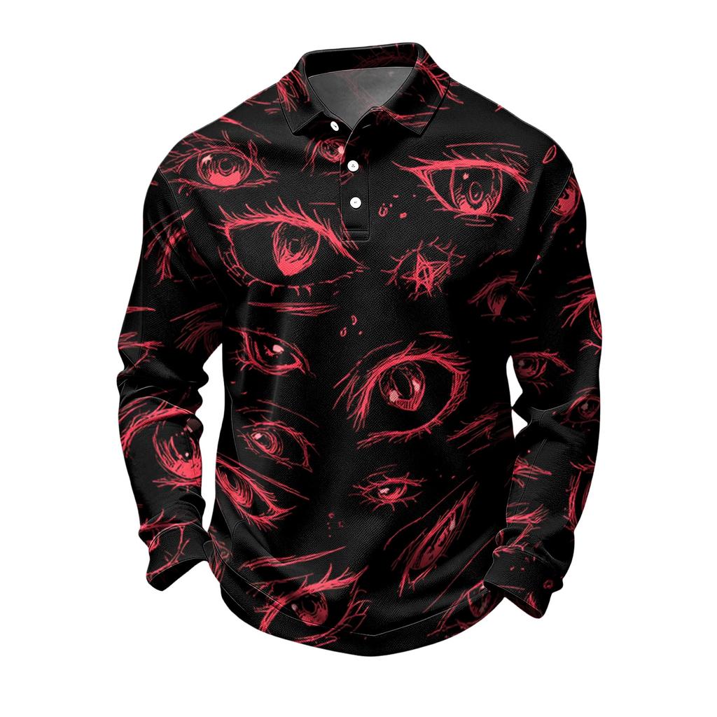 Herren Schnelltrocknendes Mesh Langarm Golfshirt mit Halloween-Print für Freizeitkleidung