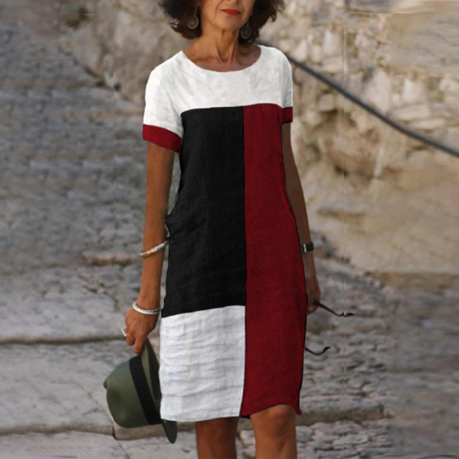 

Женская мода лето новый тренд позиционирование печати круглый вырез с коротким рукавом платье XL красный