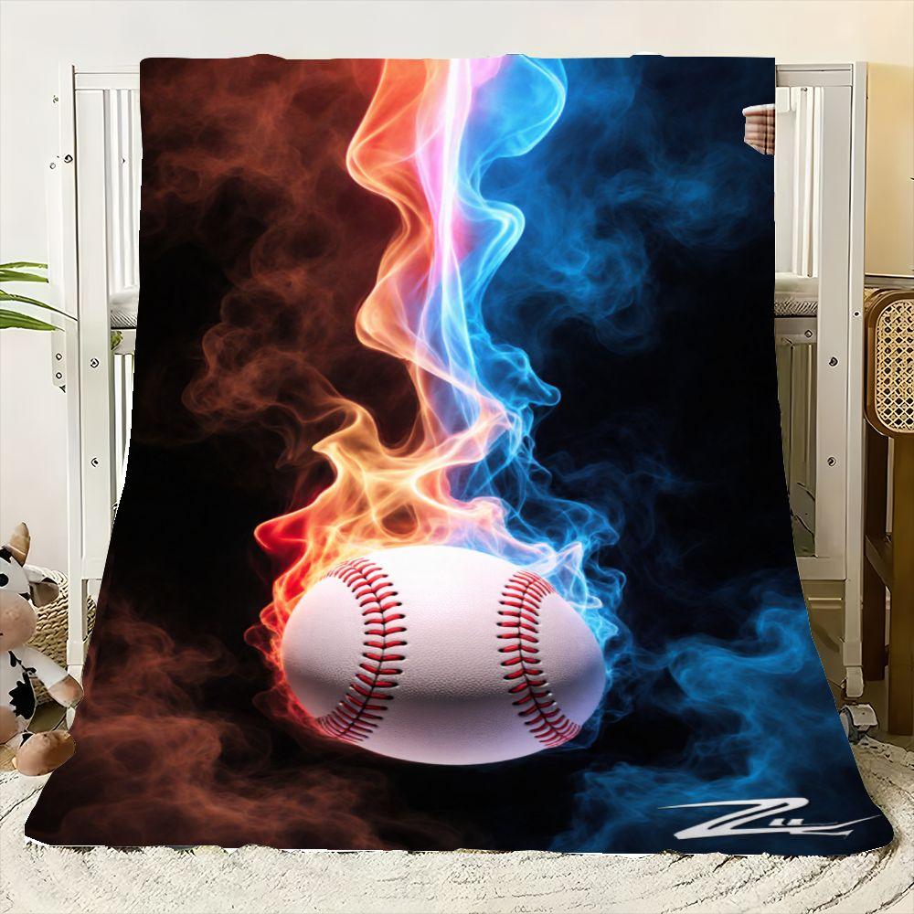 Dynamic Baseball Design Blanket with Vibrant Flames and Smoky Background - Unique Soft Fleece Throw for Sports Lovers, Perfect f