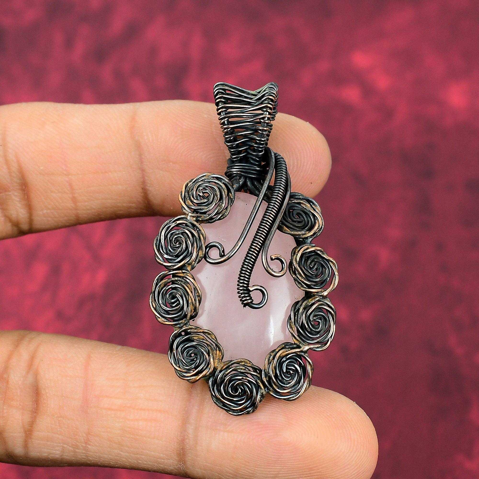 Rose Quartz Pendant Copper Wire Wrapped Pendant Handmade Pendant Wire Wrap Jewelry Gemstone Flower Pendant Copper Jewelry Anniversary Gifts