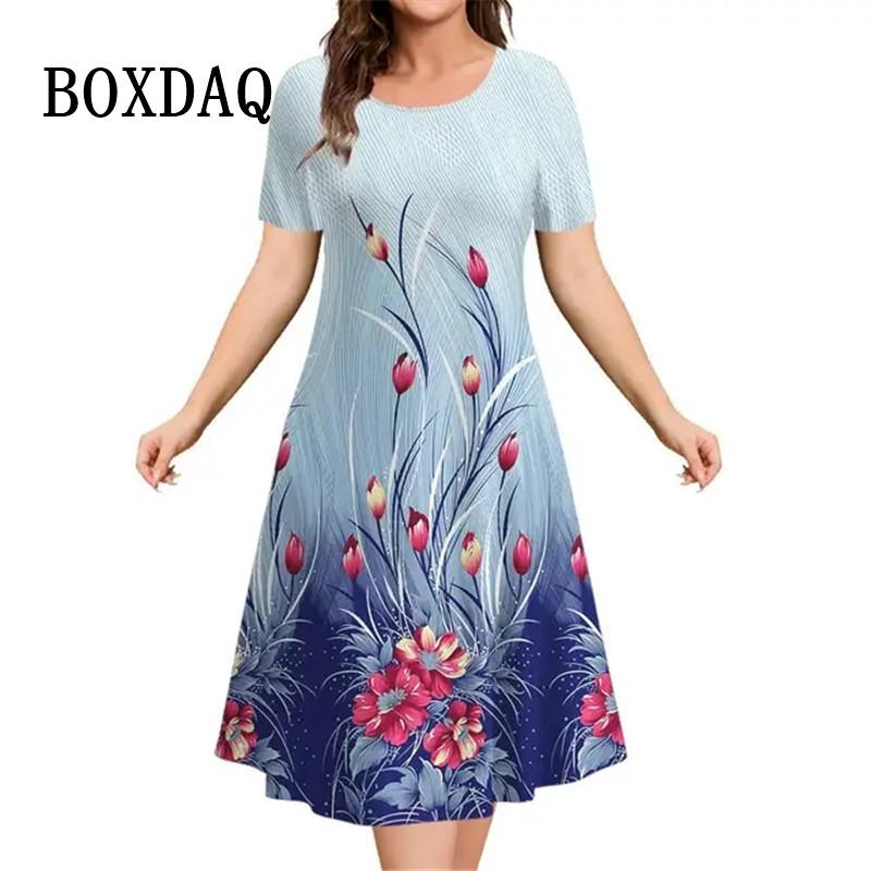 Flower Print Women Dress For Vintage New Short Sleeve O-Neck Dress Summer Loose Casual Retro Loose Dress S