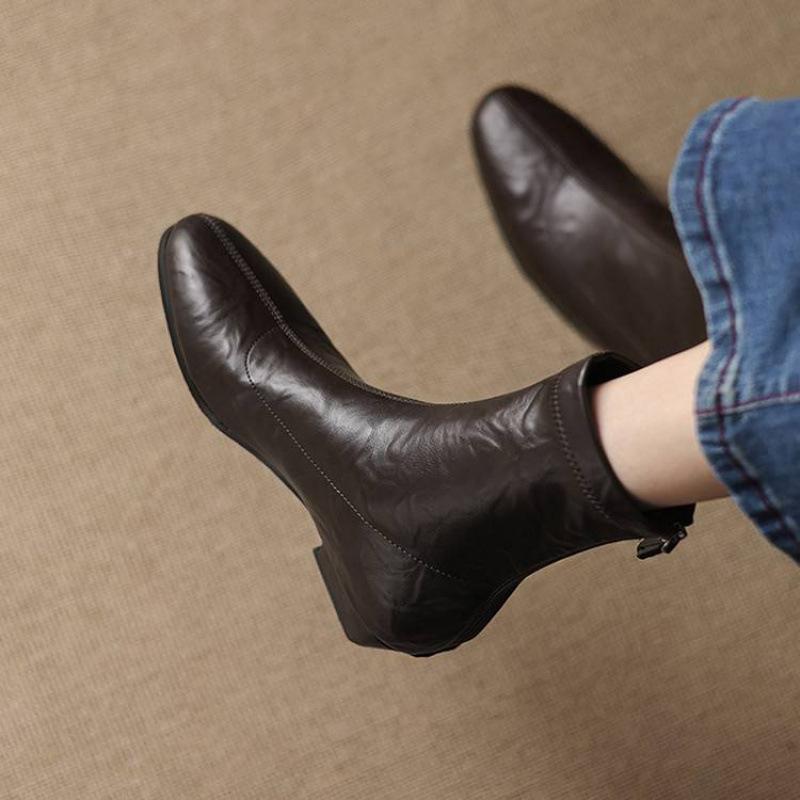 Autumn and winter solid color leather medium boots rear zipper middle heel square head beef tendon soft sole new women's large size fashion boots