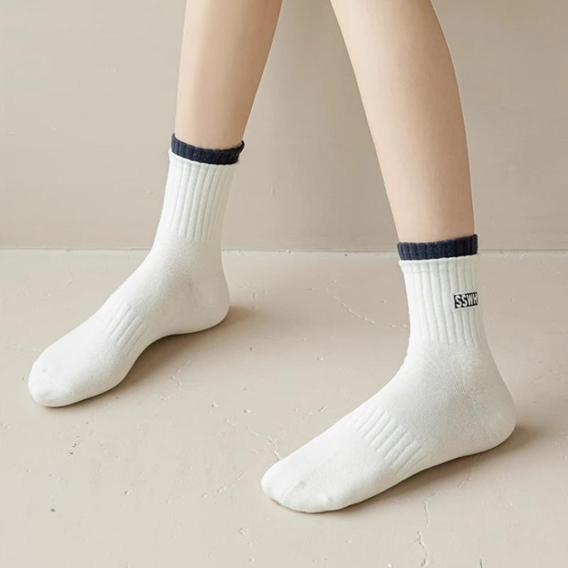 5 Pares Calcetines de Algodón para Mujer Tubo Medio Sin Costuras Transpirables Color Sólido Calcetín Casual