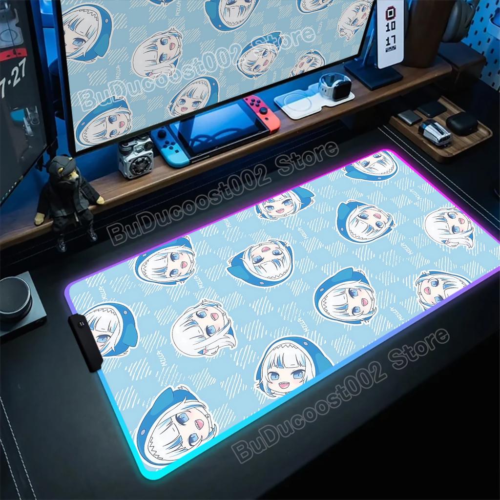 Hololive Gawr Gura RGB Mouse Pad Glowing Large Computer Mouse Pad Accessories XXL Pc Gamer HD Non-slip Deskmat Mousepad Keyboard