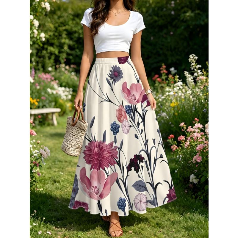 Gentle Retro Morandi Floral A-Line Midi Skirt, Elastic Waist, Loose And Long Casual Midi Skirt, Summer Casual Vacation Style