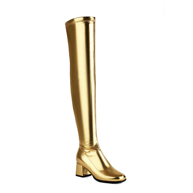 Sparkle Metallic Silver Golden Stretch Overknees Square Chunky High Heels Thigh High Long Over-the-knee Boots Shoes for Women