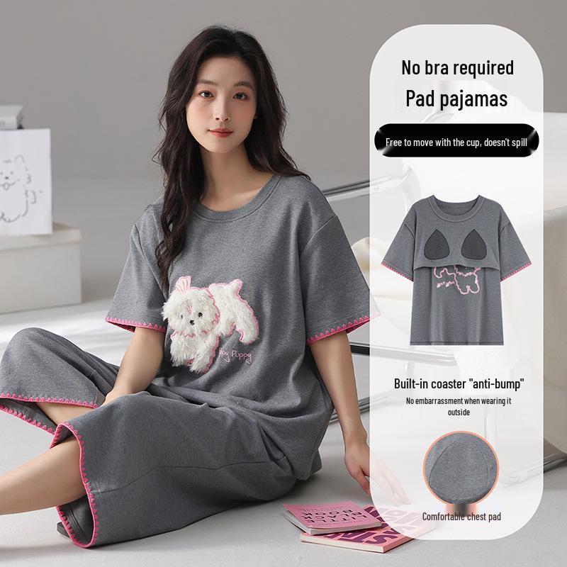 Women's Pure Cotton Pajama Set with Built-in Bra, Short Sleeve Top & 7/8 Pants - Sweet Summer Homewear.
