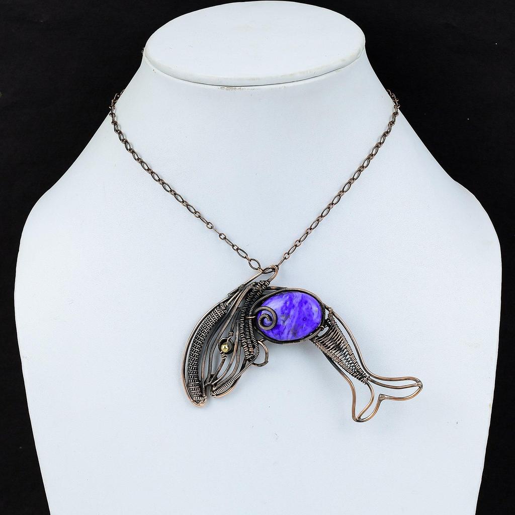 Charoite Pendant Copper Wire Wrapped Jewelry Handmade Fish Pendant Gemstone Pendant Dainty Jewelry Copper Wire Wrap Pendant Anniversary Gift